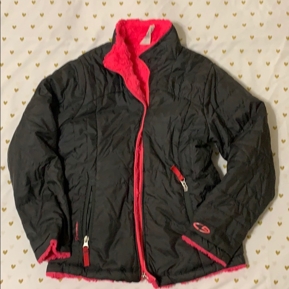 Gray puffer jacket with hot pink furry lining
